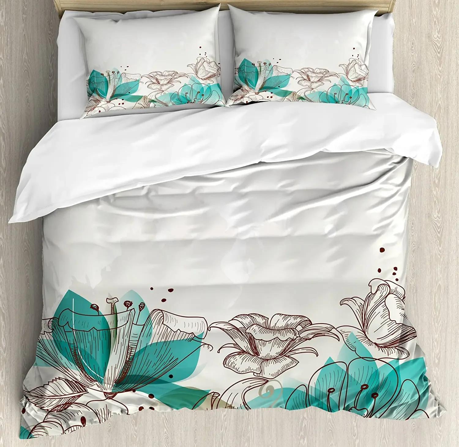 Turquoise Bedding Set For Bedroom Bed Home Retro Floral BackgroundHibiscus Silhouett Duvet Cover Quilt Cover Pillowc